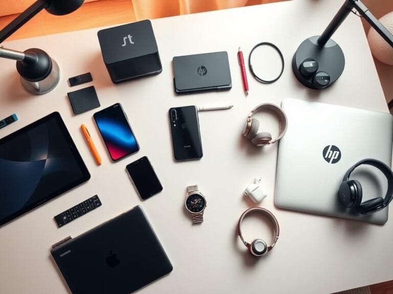 Flick International Modern workspace setup featuring Samsung Galaxy S25 Edge, Galaxy Z Flip7, Apple Watch Series 10, and HP laptop