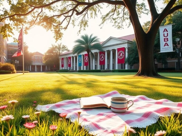 Flick International Serene university campus scene at the University of Alabama during late summer with sorority recruitment banners
