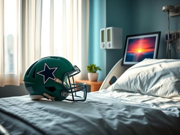 Flick International Hospital room featuring sunlit window and focused lighting on a Green Cowboys helmet