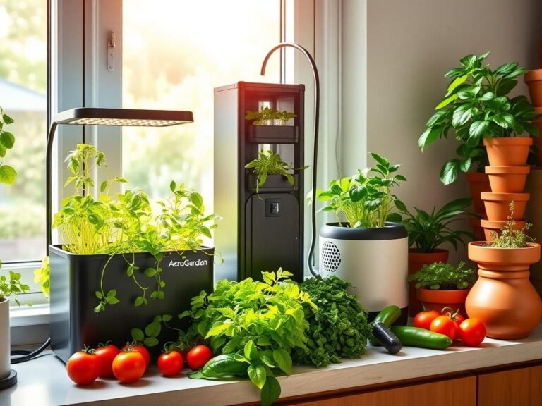 Flick International A vibrant indoor garden scene featuring hydroponic systems on a sunny windowsill, including an AeroGarden Bounty Basic with fresh herbs and a LetPot Max system with various plants.