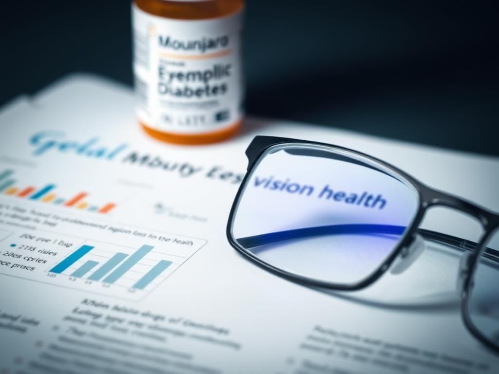 Flick International Close-up of eyeglasses on a medical report about eye health with graphs and statistics related to diabetes and vision loss.
