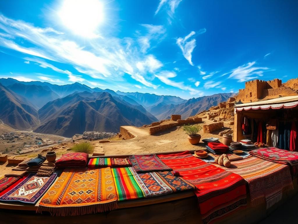 Flick International Panoramic view of Afghanistan's mountains and colorful textiles