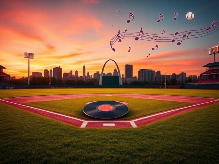 Flick International Baseball diamond under twilight sky with musical notes and vintage vinyl record
