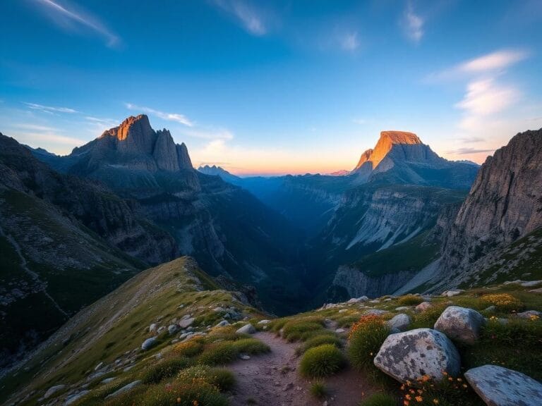 Flick International A breathtaking view of the Pyrenees mountains showing steep cliffs and lush valleys at dawn