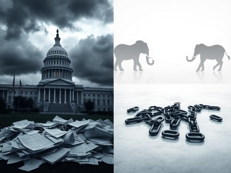 Flick International A split image depicting a tense political atmosphere with a Capitol building and broken chains symbolizing uncertainty and gridlock.