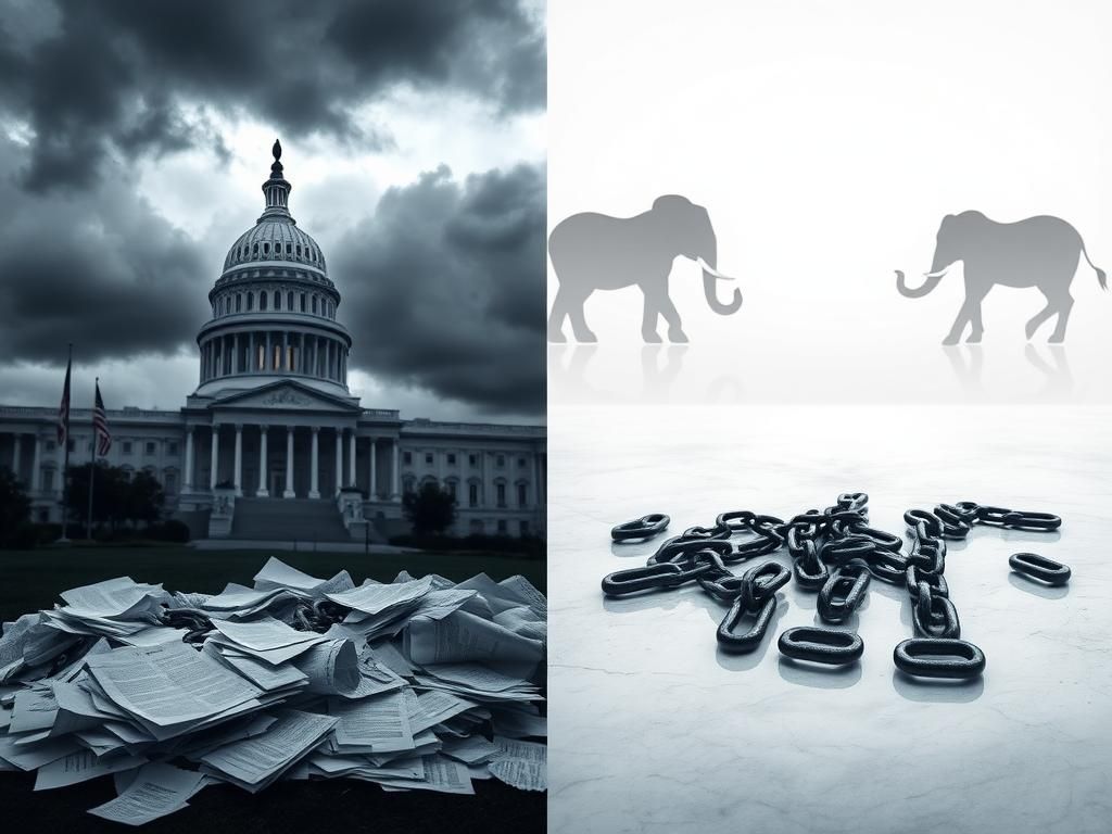 Flick International A split image depicting a tense political atmosphere with a Capitol building and broken chains symbolizing uncertainty and gridlock.