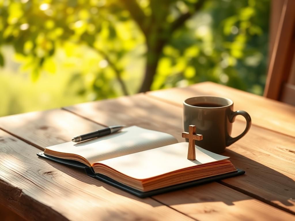 Flick International Serene morning scene with a wooden table, journal, pen, and steaming coffee, symbolizing reflection and gratitude.