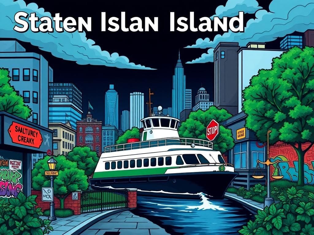 Flick International Dynamic urban scene of Staten Island reflecting immigrant rights and sanctuary city themes