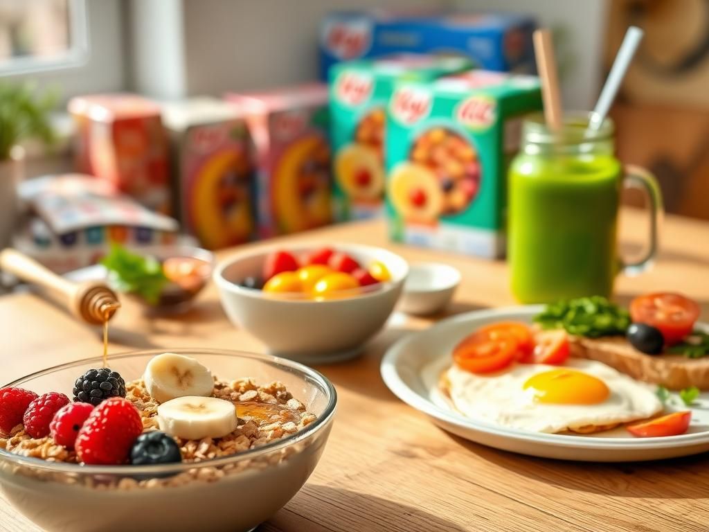 Flick International A vibrant breakfast scene featuring granola with fresh berries, a green smoothie, and savory dishes, highlighting modern breakfast trends.