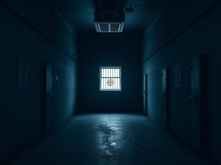 Flick International Somber view of a maximum-security prison cell block with high walls and heavy metal doors