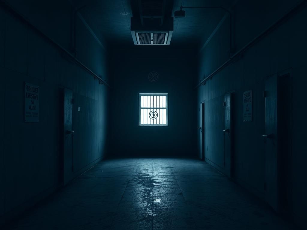 Flick International Somber view of a maximum-security prison cell block with high walls and heavy metal doors