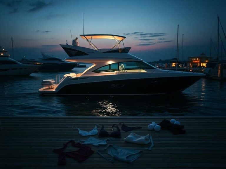 Flick International A serene view of a luxury yacht docked at dusk in Montauk, New York, embodying mystery.