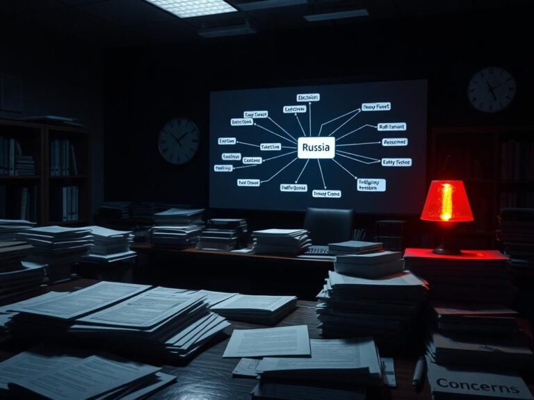 Flick International Dimly lit office filled with stacks of classified documents and a computer screen showing a web diagram related to Russian election interference.