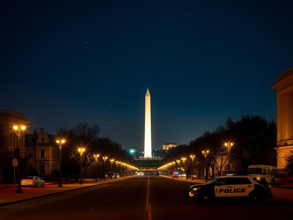 Flick International Nighttime view of the illuminated Washington Monument with empty streets in the foreground