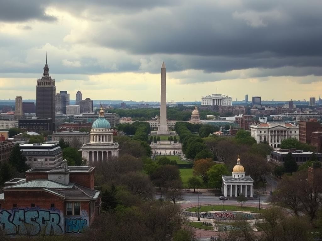 Flick International A dramatic cityscape of Washington D.C. showing graffiti and homelessness amidst iconic structures