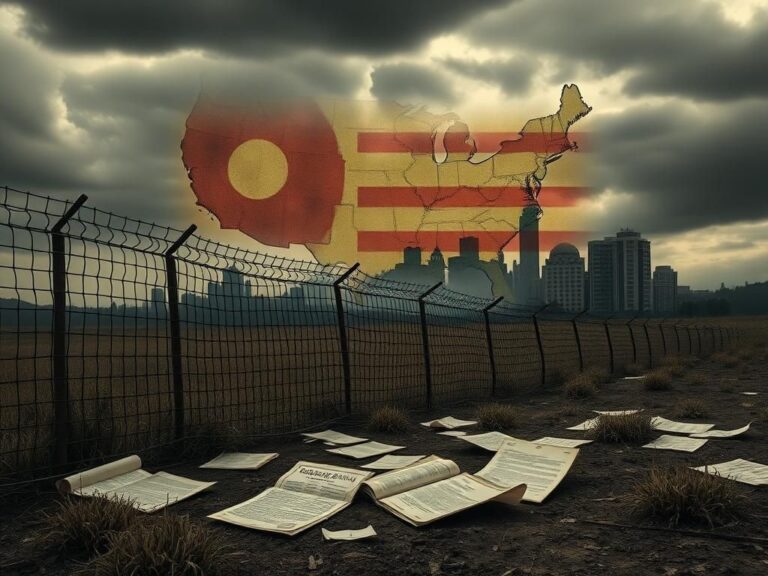 Flick International Stark landscape depicting the clandestine removal of illegal immigrants with a weather-beaten fence and faded map of Southeast Asia