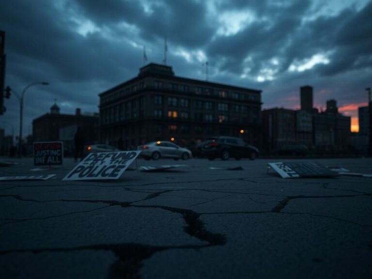 Flick International A close-up image of cracked pavement with protest signs in New York City at dusk