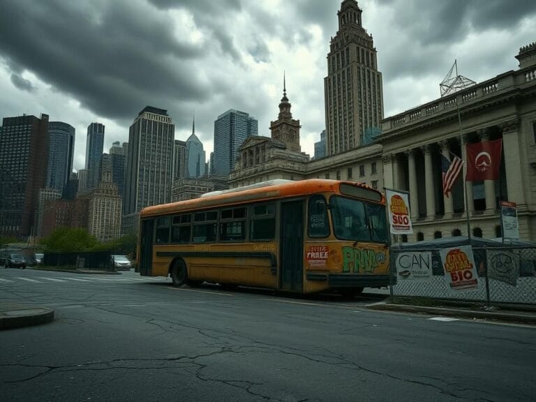 Flick International Tense urban landscape of New York City with dark storm clouds looming over skyscrapers and a broken bus symbolizing progressive ideals.
