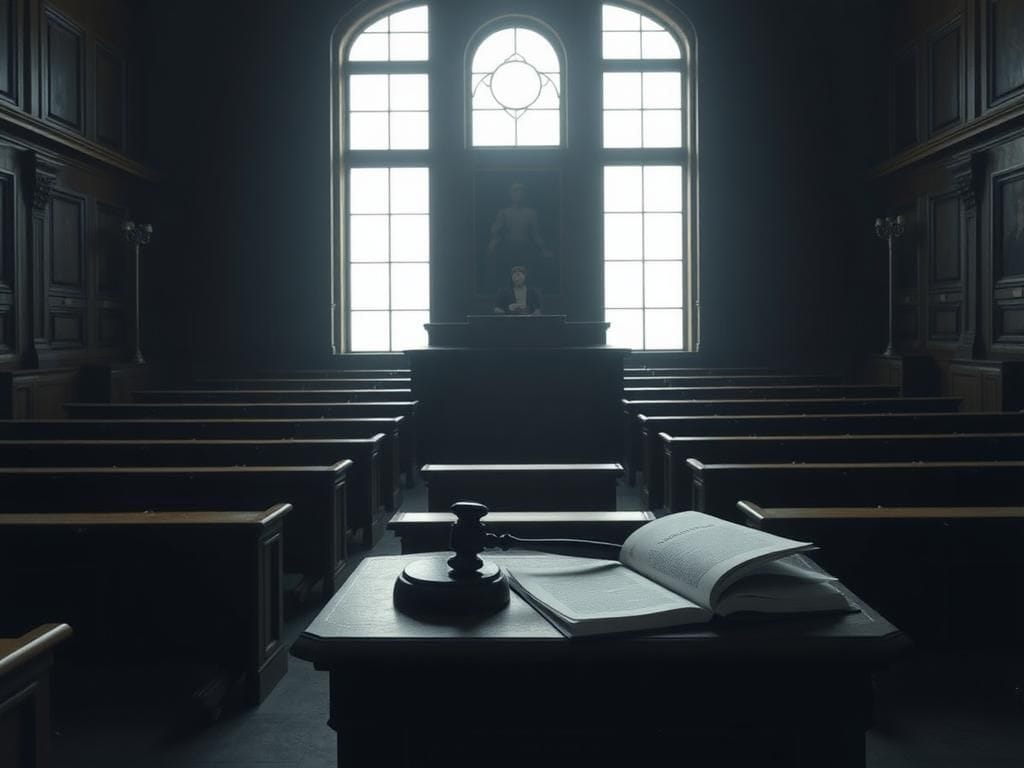 Flick International Somber courtroom setting with empty benches and a judge's bench