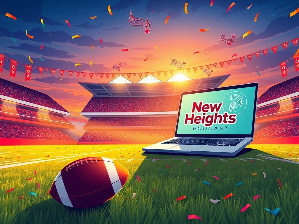 Flick International Vibrant football field illuminated by evening sky with confetti and laptop displaying podcast logo