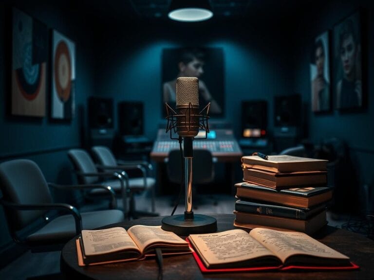 Flick International Dimly lit podcast studio with a vintage microphone and empty chairs