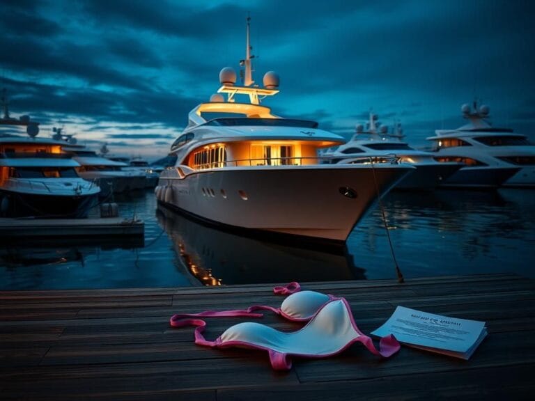 Flick International Luxurious yacht docked at an exclusive harbor under a dusky sky with a designer bikini and crumpled paper on the dock