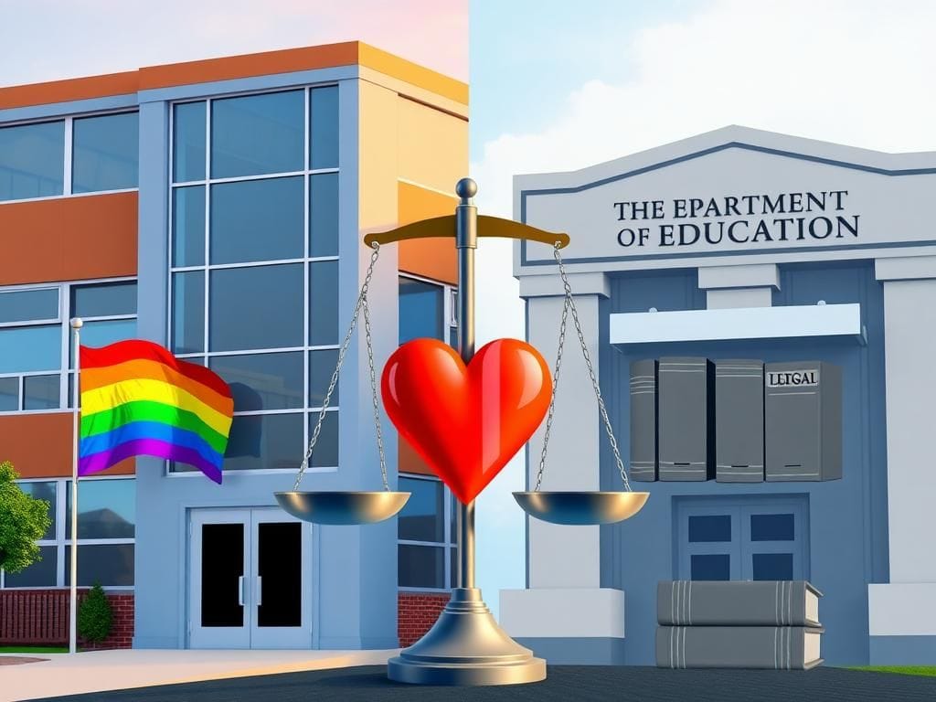 Flick International A split-image scene showing a modern school building with a rainbow flag and a government building with a Department of Education sign.