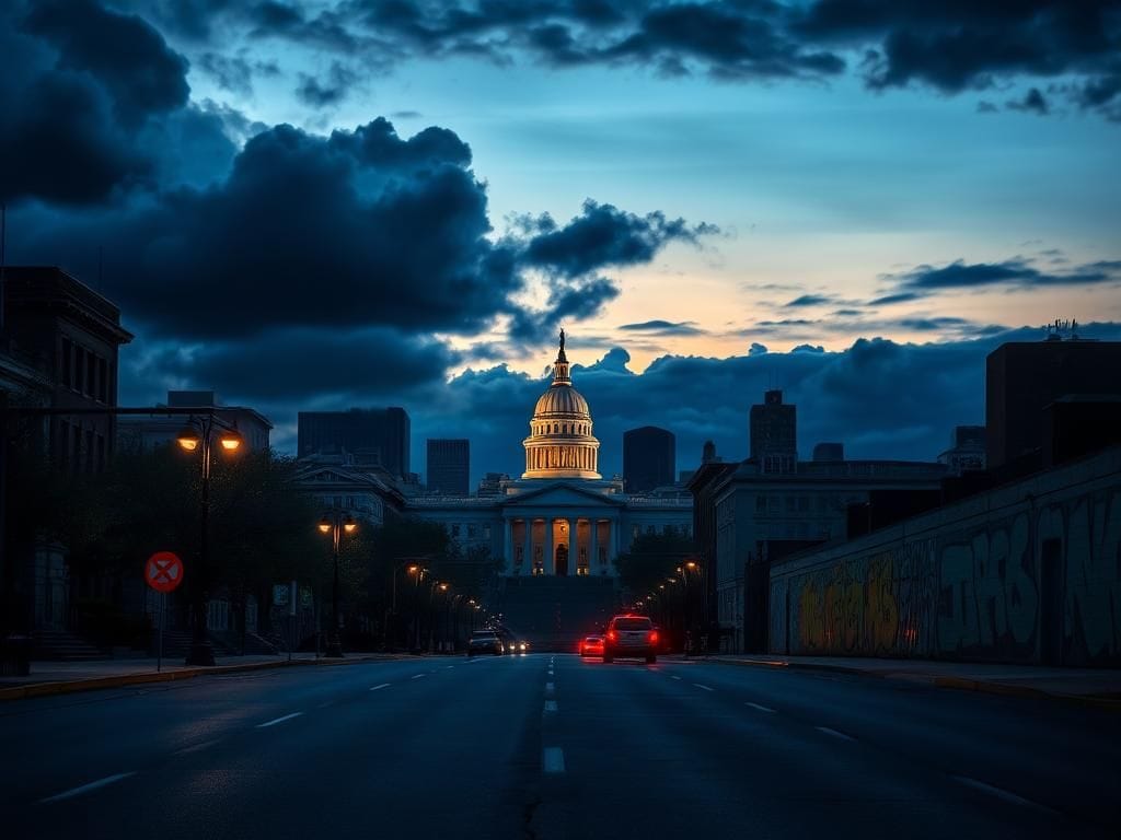 Flick International Dramatic cityscape of Philadelphia at dusk featuring Independence Hall and the Liberty Bell