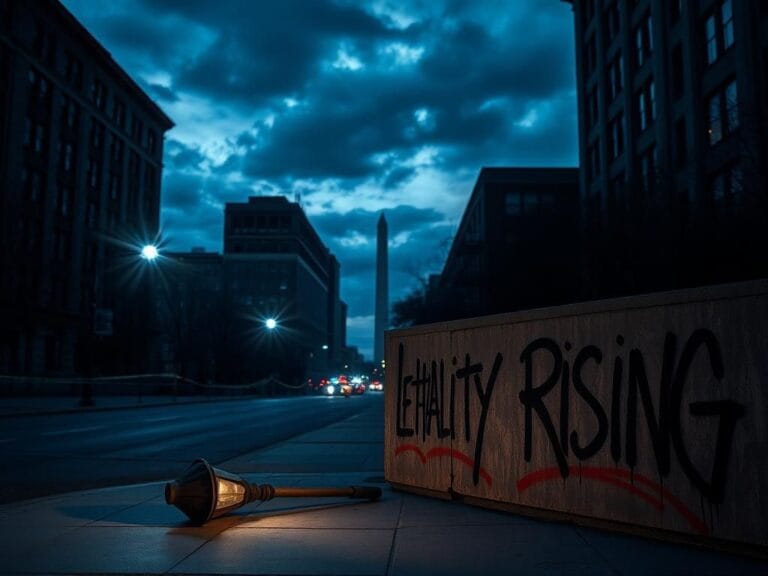 Flick International Dark urban landscape of Washington, D.C. at dusk, featuring ominous shadows and flashing police lights