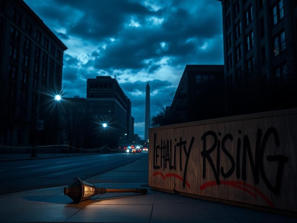 Flick International Dark urban landscape of Washington, D.C. at dusk, featuring ominous shadows and flashing police lights