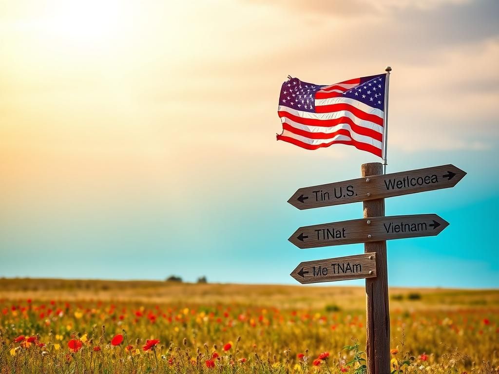 Flick International A serene landscape with an American flag surrounded by wildflowers symbolizing diversity and hope for immigrants