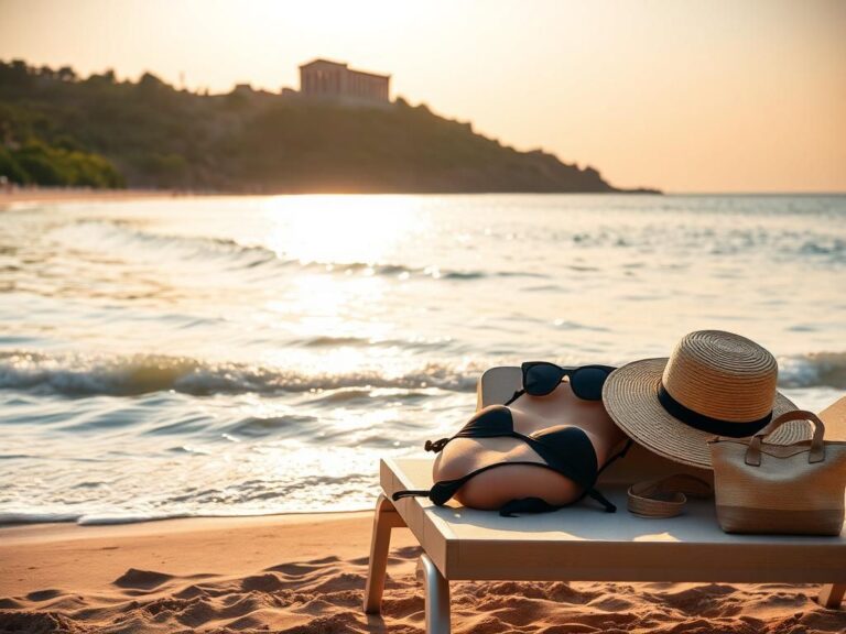 Flick International A serene beach scene at dawn featuring a black bikini on a lounge chair overlooking the ocean.