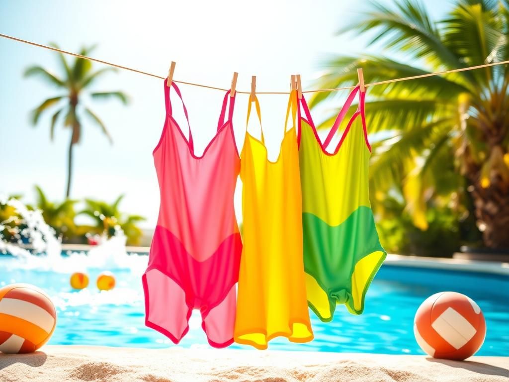Flick International Vibrant poolside scene with colorful swimsuits hanging on a clothesline and turquoise water