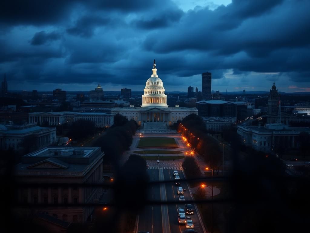 Flick International Aerial view of Washington, D.C. skyline with government buildings and police presence