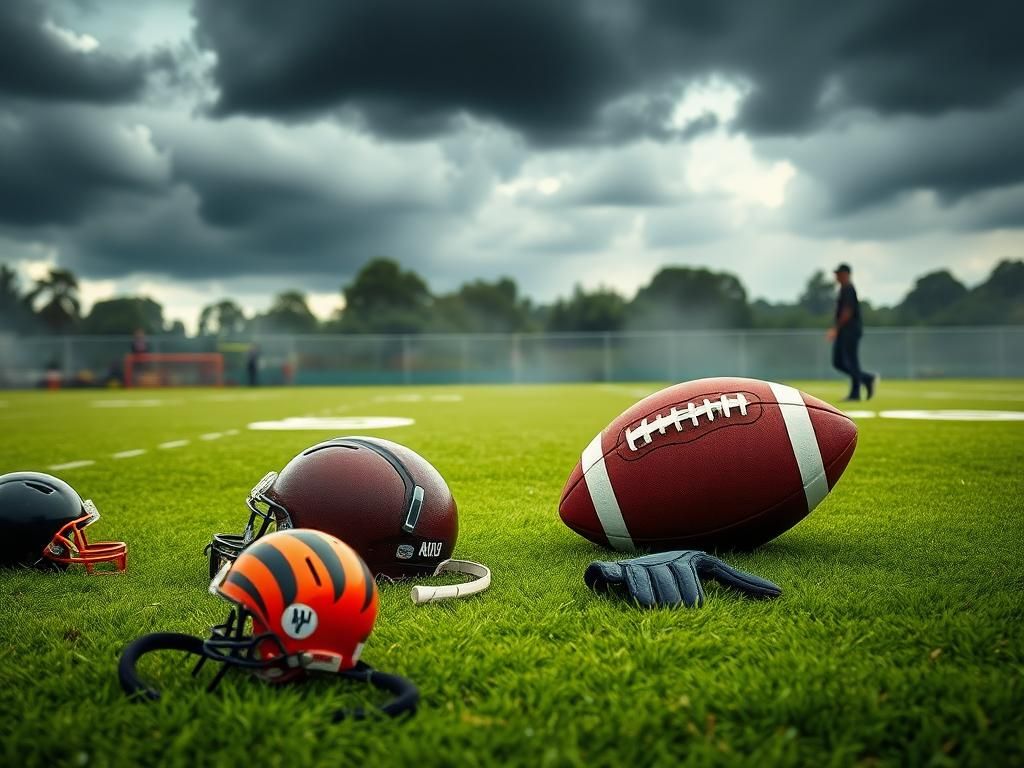 Flick International Overturned football on a training camp field symbolizing chaos after Bengals rookie Shemar Stewart fell into quarterback Joe Burrow