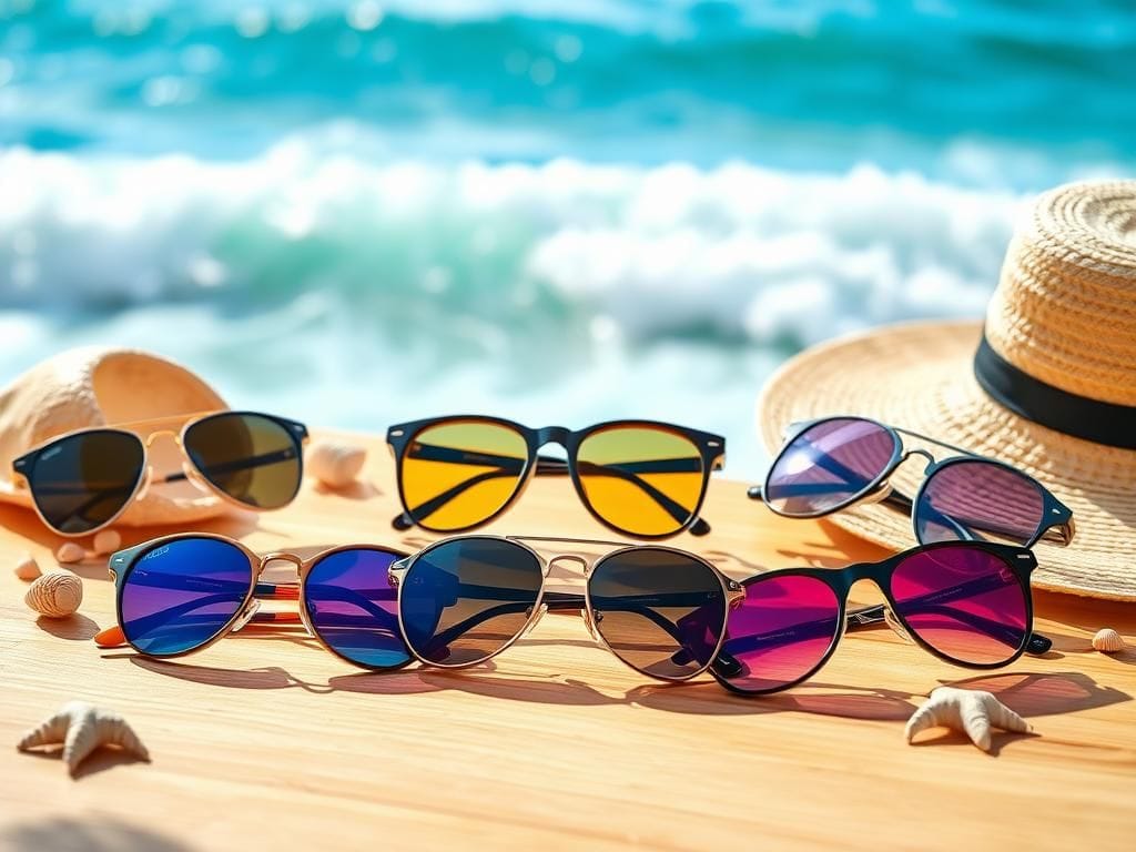 Flick International A stylish assortment of sunglasses displayed on a sunlit wooden table with a beach backdrop