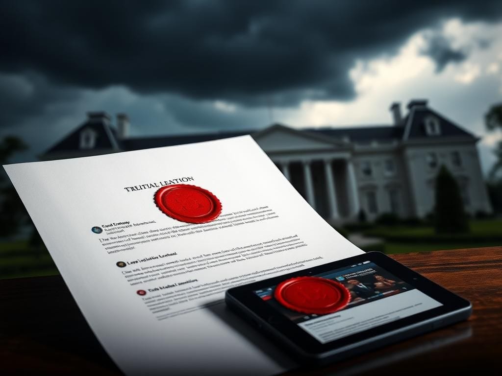 Flick International A dramatic legal document demanding retraction, with an opulent mansion blurred in the background and a digital device displaying related headlines