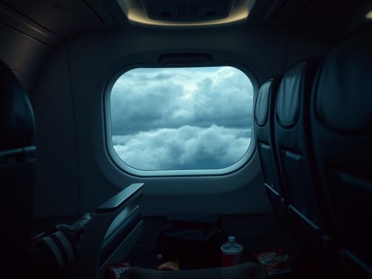 Flick International Interior view of an airplane cabin after midair brawl, showcasing disturbed items in a dimly lit setting