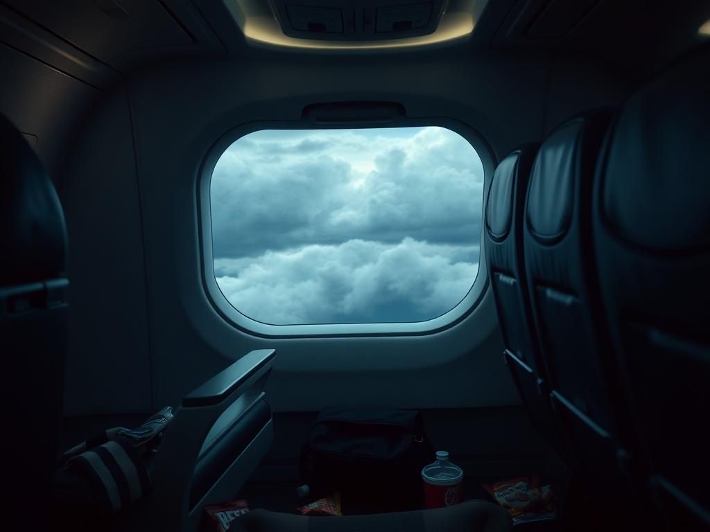 Flick International Interior view of an airplane cabin after midair brawl, showcasing disturbed items in a dimly lit setting