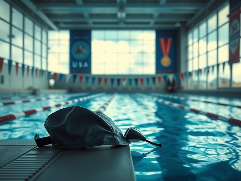 Flick International A dramatic swimming pool scene with an empty lane and worn-out swimming gear suggesting potential and change.