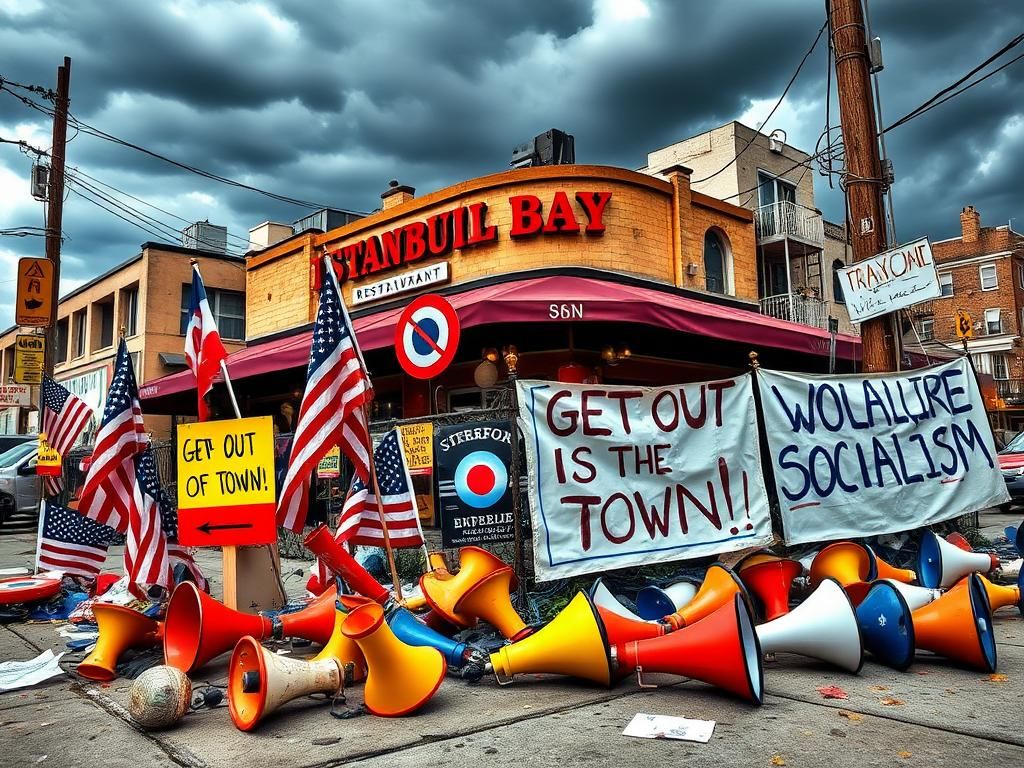 Flick International Protesters gather in Staten Island holding signs against Zohran Mamdani at an anti-Trump rally