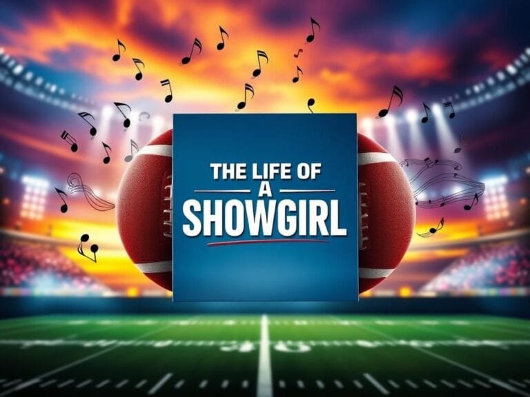 Flick International Vibrant digital album cover showcasing 'The Life of a Showgirl' with abstract representations of footballs and music notes.