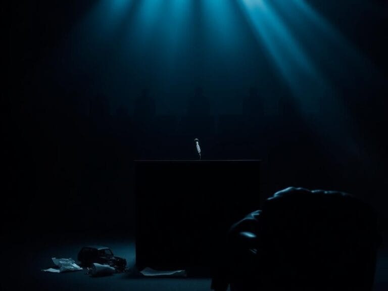 Flick International Dark courtroom scene with an empty witness stand and spotlight