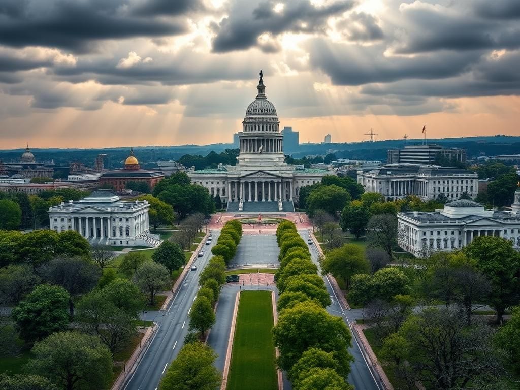 Flick International Aerial view of the District of Columbia featuring the Capitol, the White House, and the Supreme Court amidst empty city streets and trees