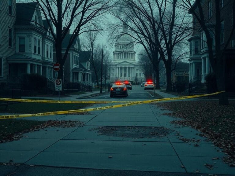 Flick International A somber urban scene in a quiet Washington D.C. neighborhood marked by police tape and emptiness after recent violence.