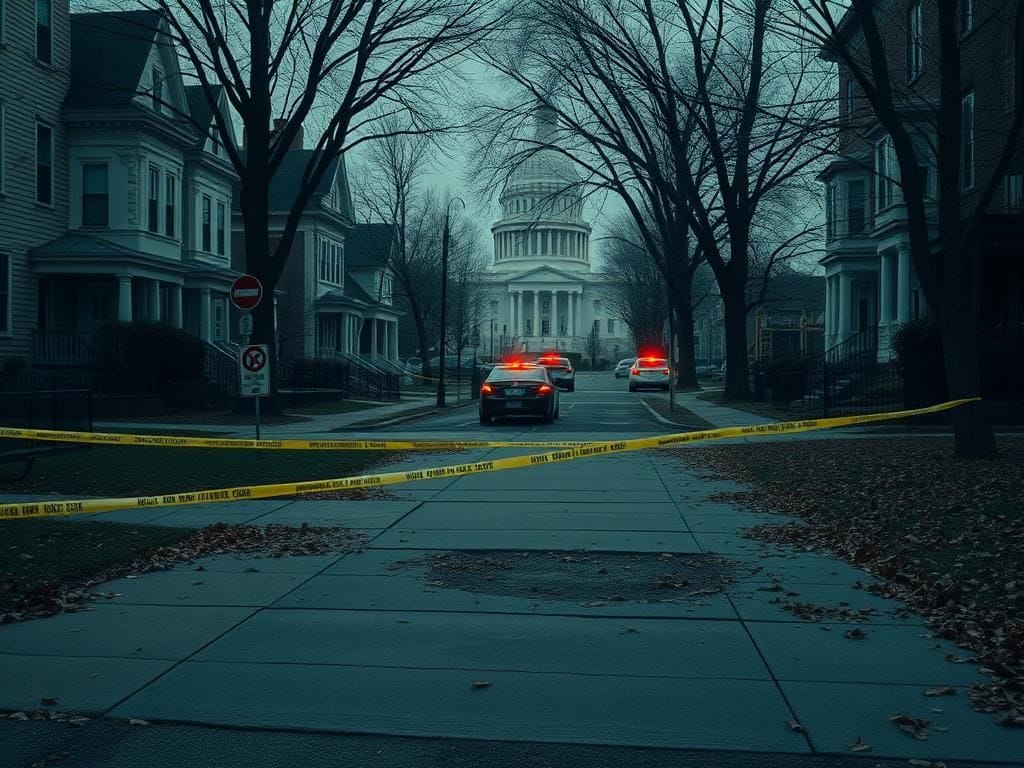Flick International A somber urban scene in a quiet Washington D.C. neighborhood marked by police tape and emptiness after recent violence.