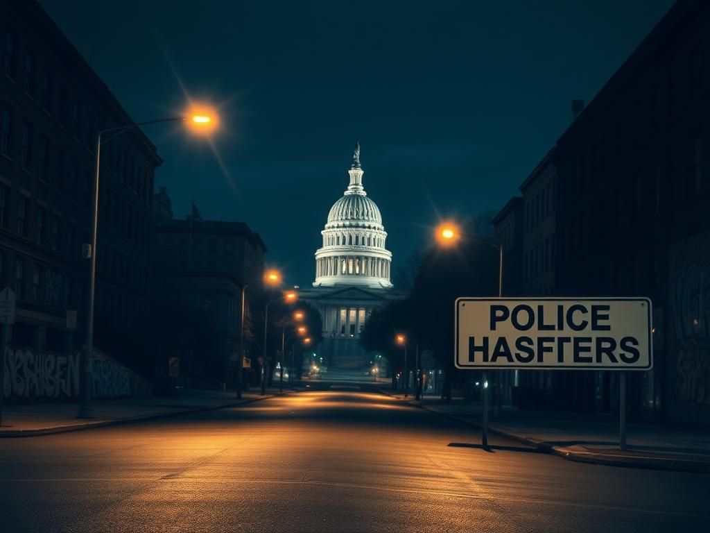 Flick International Moody night scene of an empty Washington, D.C. street with Police Headquarters sign