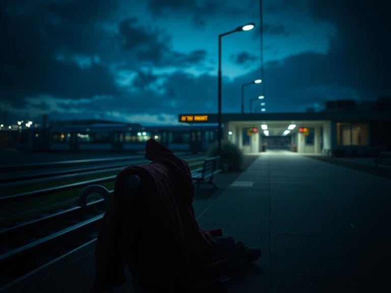 Flick International Dimly lit exterior of Seattle-Tacoma International Airport at dusk with light rail tracks
