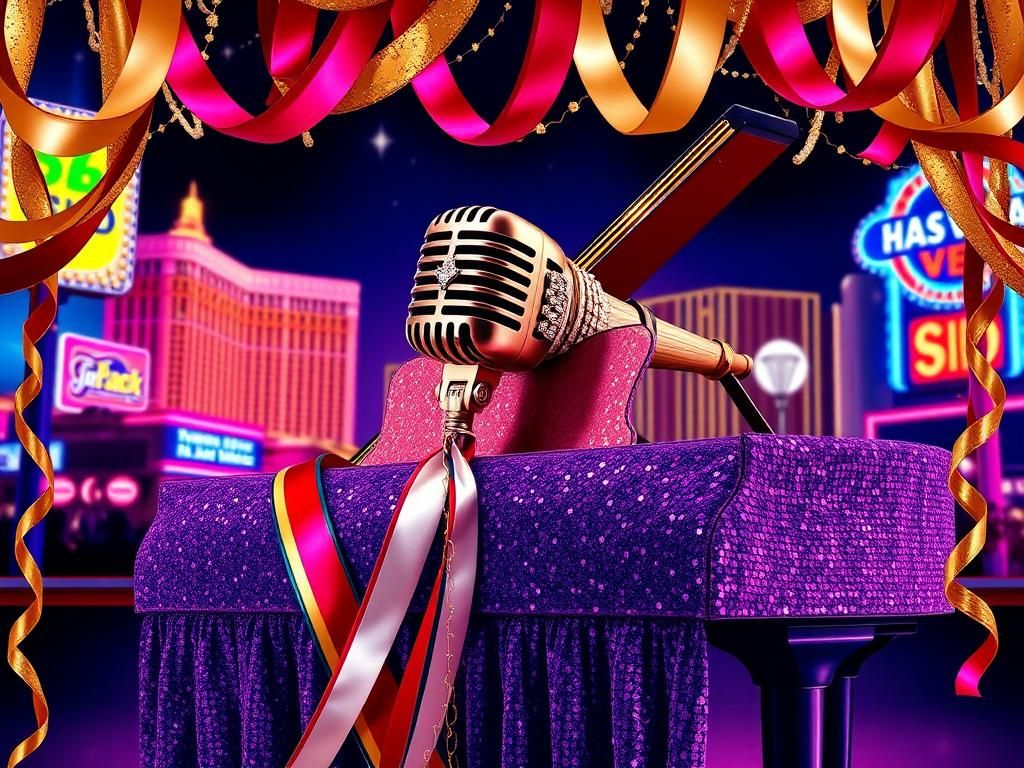 Flick International A glamorous showgirl-themed album cover design featuring a vintage microphone and a vibrant Las Vegas skyline at night.