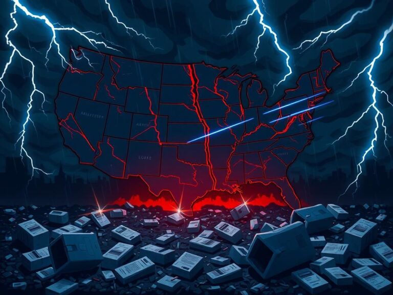 Flick International Dark, stormy political landscape featuring a cracked map of the United States symbolizing contentious redistricting efforts